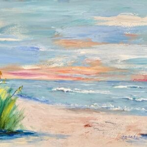 Seaside landscape painting of shoreline and marsh grasses.