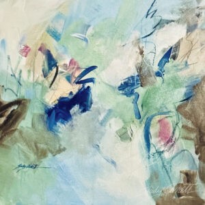 Abstract painting featuring soft browns, cream, and varying shades of blue and green.