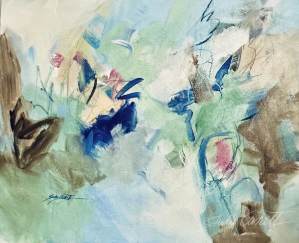 Abstract painting featuring soft browns, cream, and varying shades of blue and green.