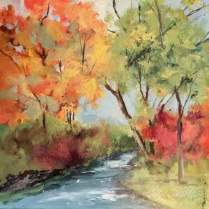 Landscape painting of a small river flowing through autumn woods