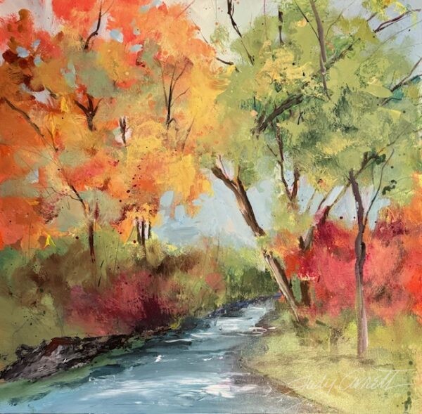 Landscape painting of a small river flowing through autumn woods