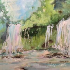 Landscape painting of waterfalls splashing into a pool below with green trees in the background.