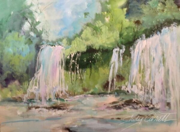 Landscape painting of waterfalls splashing into a pool below with green trees in the background.