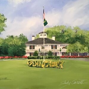 Architectural painting of an expanse of green lawn fronting a white golf clubhouse. There are trees surrounding the clubhouse and pink and yellow flowerbeds along the front of the building.