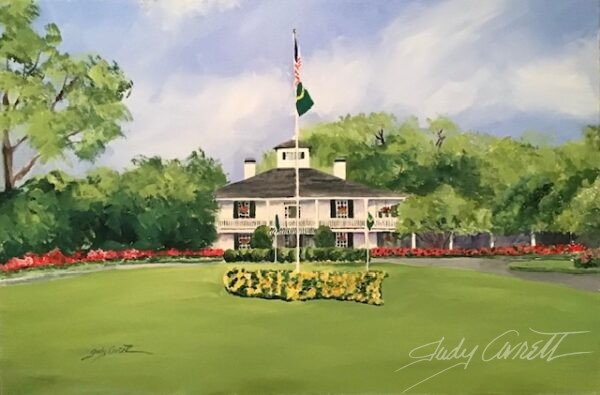 Architectural painting of an expanse of green lawn fronting a white golf clubhouse. There are trees surrounding the clubhouse and pink and yellow flowerbeds along the front of the building.