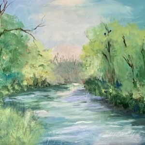 Landscape painting of a broad stream meandering through green woods below a soft cloudy blue sky.