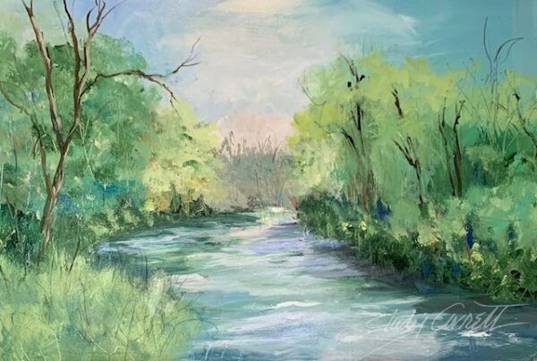 Landscape painting of a broad stream meandering through green woods below a soft cloudy blue sky.