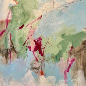 Abstract painting in pale blue, green white, brown, red, and pink.