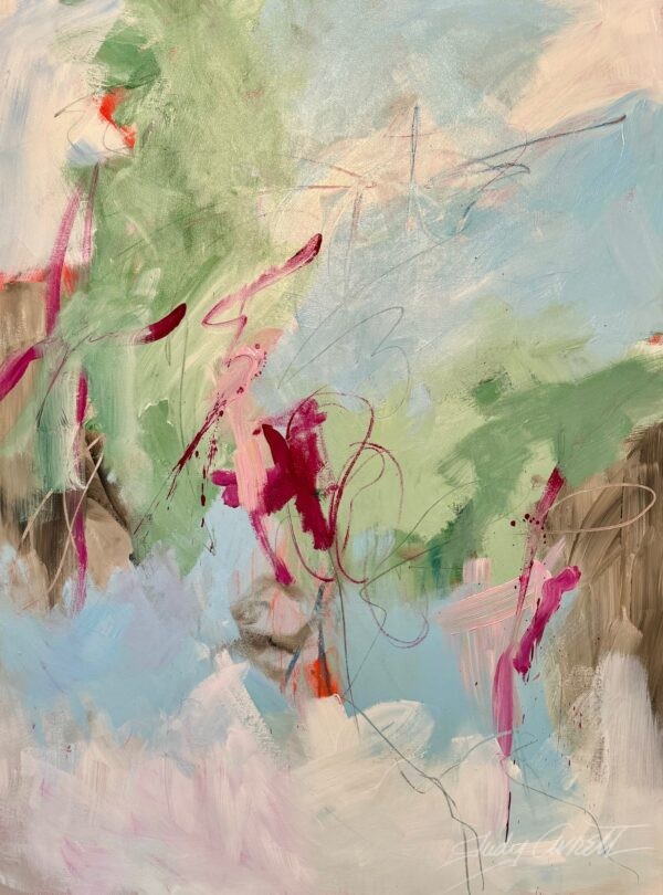 Abstract painting in pale blue, green white, brown, red, and pink.