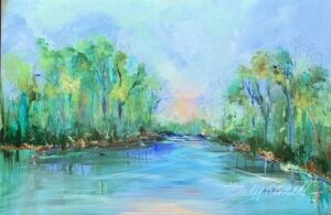 Acrylic landscape painting of a broad river lined with trees, filled with rich greens and blues. A hint of peach suggests a distant sunset, evoking the soft glow of gloaming.