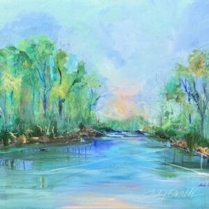 Acrylic landscape painting of a broad river lined with trees, filled with rich greens and blues. A hint of peach suggests a distant sunset, evoking the soft glow of gloaming.