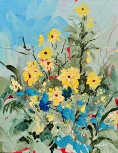 Abstract impressionistic painting of yellow late summer flowers in a yard after a storm, with splashes of red and deep aqua, and a soft blue-green sky in the background.