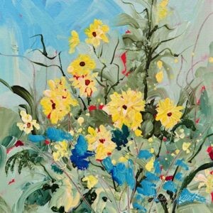 Abstract impressionistic painting of yellow late summer flowers in a yard after a storm, with splashes of red and deep aqua, and a soft blue-green sky in the background.