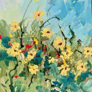 Impressionistic artwork featuring vibrant yellow flowers in a storm-touched yard, accented with red and aqua brushstrokes, set against a blurred blue-green sky.