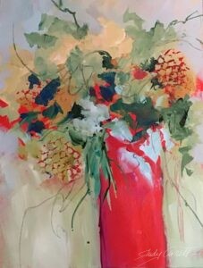 Abstract floral painting featuring vibrant blooms in a tall cylindrical red vase against a sea-like greenish-blue background.