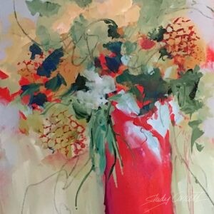 Abstract floral painting featuring vibrant blooms in a tall cylindrical red vase against a sea-like greenish-blue background.