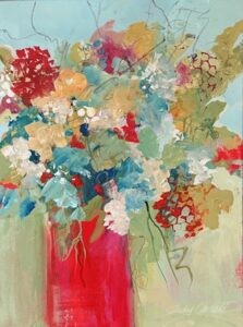 Colorful abstract flowers in a red vase set against a greenish-blue, ocean-like background.