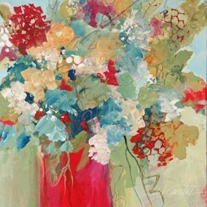 Colorful abstract flowers in a red vase set against a greenish-blue, ocean-like background.