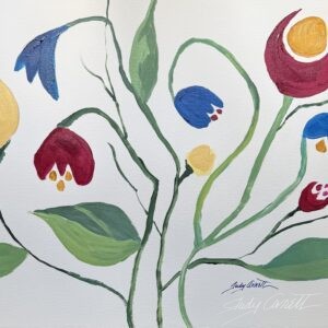 "Get Twisted" is a watercolor painting of stylized flowers on white archival paper featuring vibrant red, blue, and yellow blooms connected by green stems with delicate leaves. The artwork showcases a playful, artisanal botanical style with simplified forms and bold colors.