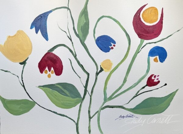 "Get Twisted" is a watercolor painting of stylized flowers on white archival paper featuring vibrant red, blue, and yellow blooms connected by green stems with delicate leaves. The artwork showcases a playful, artisanal botanical style with simplified forms and bold colors.