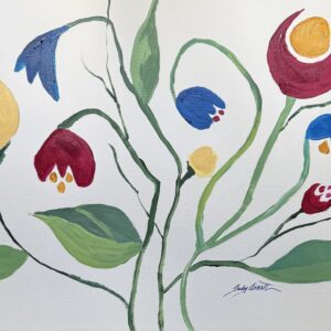 "Get Twisted" is a watercolor painting of stylized flowers on white archival paper featuring vibrant red, blue, and yellow blooms connected by green stems with delicate leaves. The artwork showcases a playful, artisanal botanical style with simplified forms and bold colors.