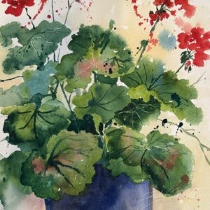 Watercolor painting titled "Radiant in Red" of geraniums with bright red blooms and detailed green leaves in a blue vase. The loose, flowing style captures the delicate nature of the flowers with splashes of red and carefully rendered foliage against a pale yellow background.