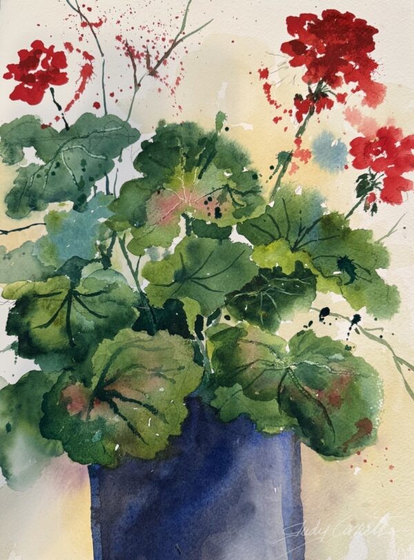 Watercolor painting titled "Radiant in Red" of geraniums with bright red blooms and detailed green leaves in a blue vase. The loose, flowing style captures the delicate nature of the flowers with splashes of red and carefully rendered foliage against a pale yellow background.
