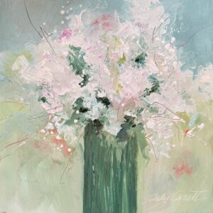 Abstract floral painting featuring a soft bouquet of white and pink blossoms in a green vase. The artwork uses textured brushstrokes with a delicate color palette of mint green, pale blue, soft pink, and white. Small white dots and thin lines add movement throughout the composition, creating an ethereal, springlike atmosphere. The painting style is loose and expressive with a focus on light, airy textures.