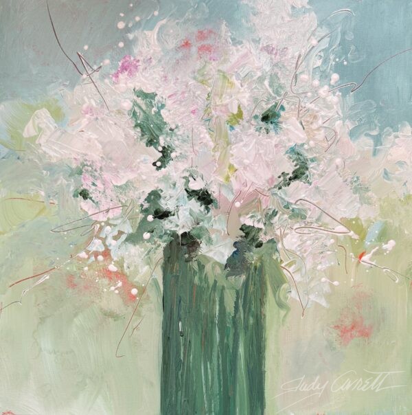 Abstract floral painting featuring a soft bouquet of white and pink blossoms in a green vase. The artwork uses textured brushstrokes with a delicate color palette of mint green, pale blue, soft pink, and white. Small white dots and thin lines add movement throughout the composition, creating an ethereal, springlike atmosphere. The painting style is loose and expressive with a focus on light, airy textures.