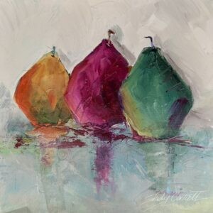 Still life painting of three pears in orange, magenta, and green with expressive brushwork