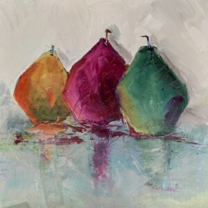 Still life painting of three pears in orange, magenta, and green with expressive brushwork